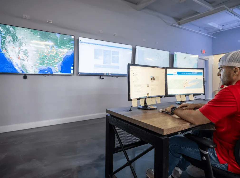 An Operations teammate at a desk facing wall-mounted screens showing a national fleet map and performance dashboards.