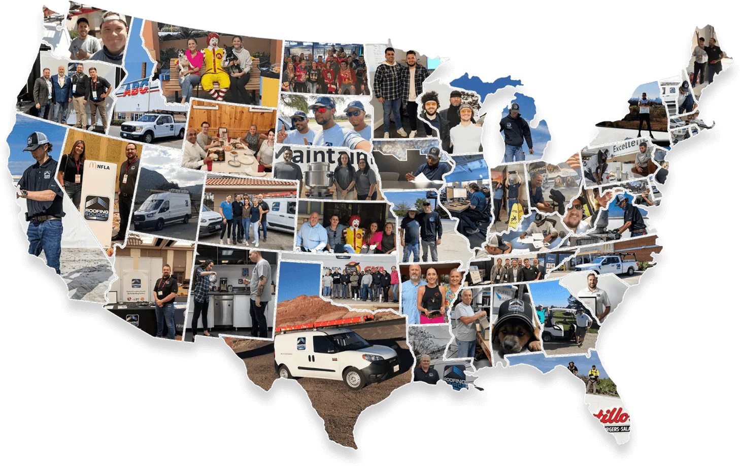 Map of the United States filled with photos of RoofingSource team members across the country